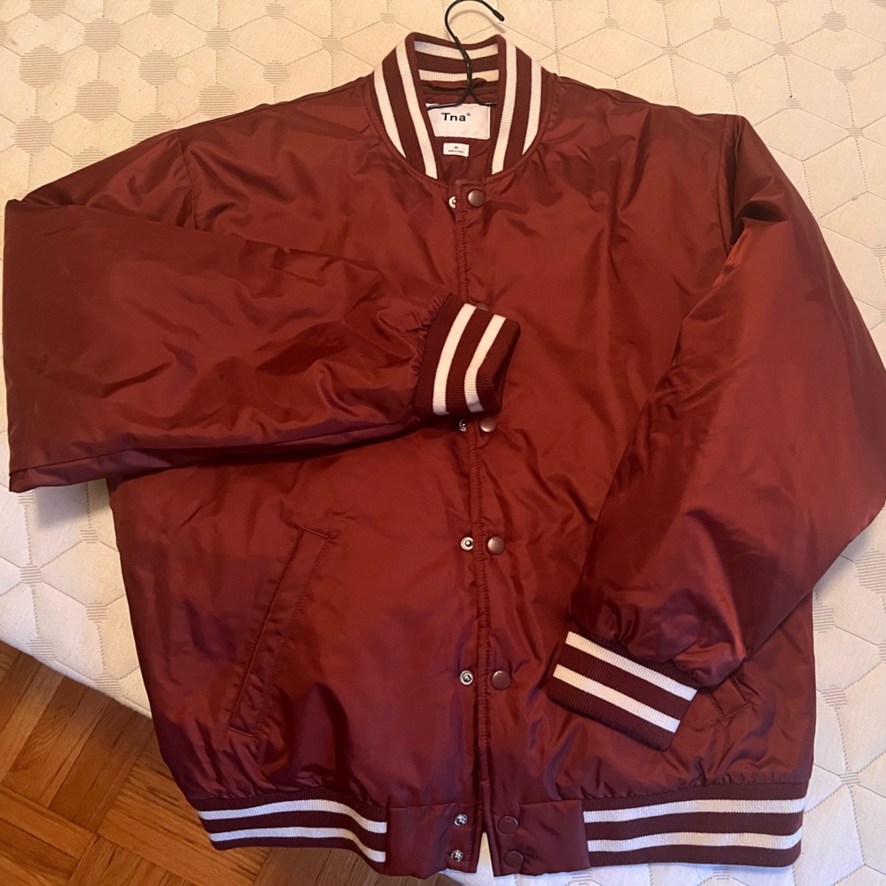 TNA burgundy Varsity Jacket with Striped Trim